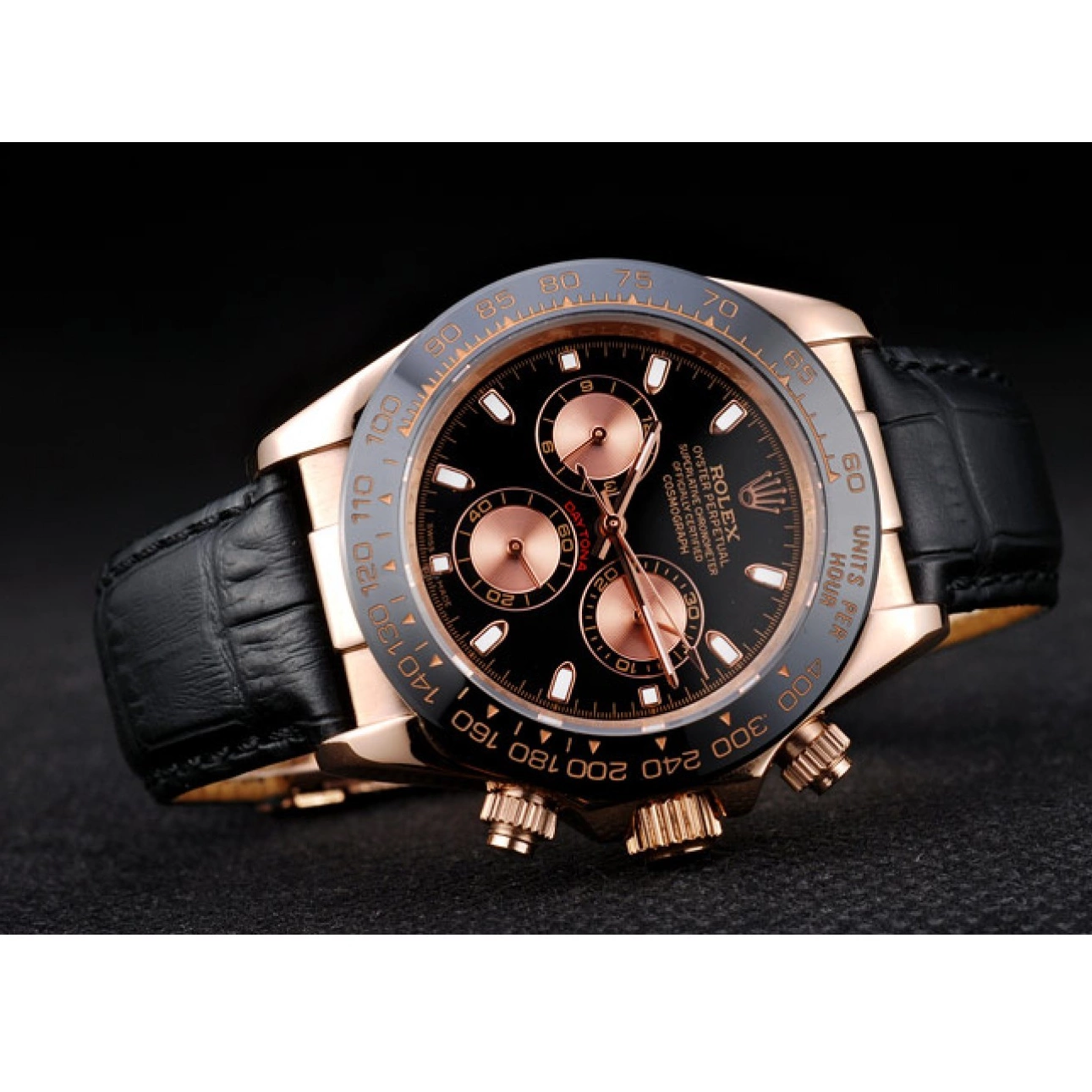 AAA Replica Watches Dial Daytona Black Gold Black Case Leather Rose Strap Rolex 0817